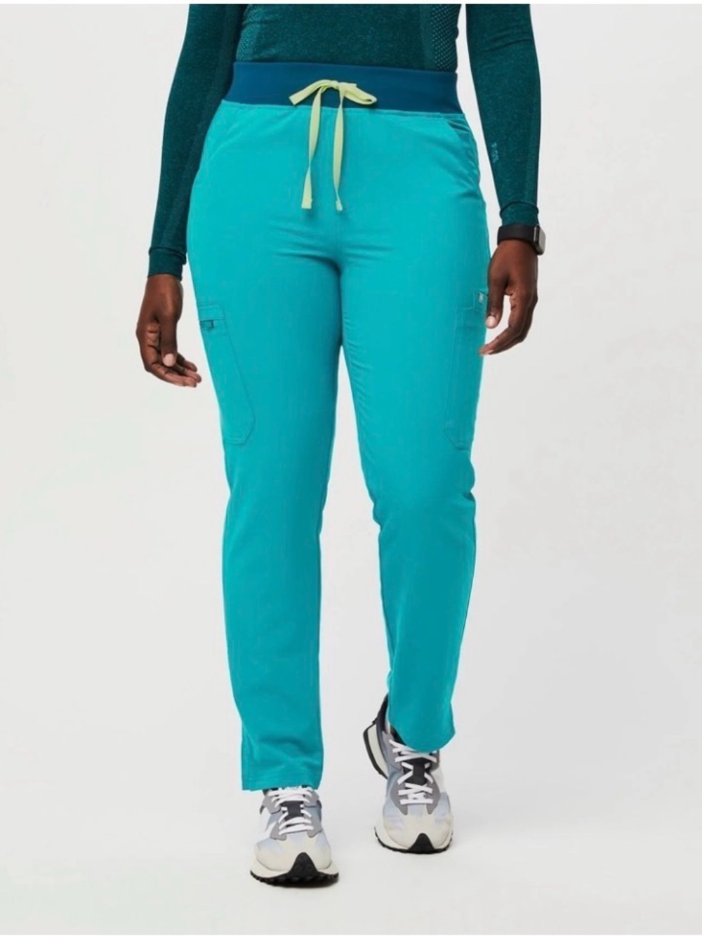 FIGS 2 Teal Straight-Leg Scrub Pants with Navy Waistband and Yellow Drawstring